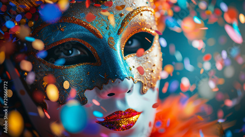 Close-up of a carnival mask covered in confetti, creating a dynamic and festive ambiance that allows for bold and impactful text