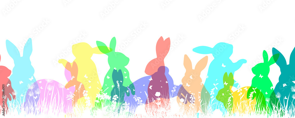 Happy Easter Background With Colorful Easter Bunny Silhouette Isolated On A White Background.