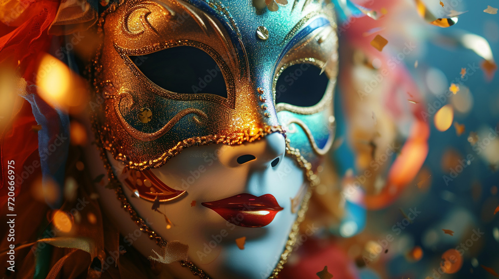 Close-up of a carnival mask with confetti accents, offering a dynamic and detailed shot suitable for impactful text placement