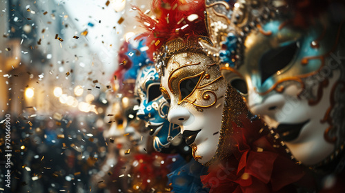 Carnival masks arranged in a dynamic pattern, with confetti raining down, providing a visually captivating and text-friendly composition © Лариса Лазебная