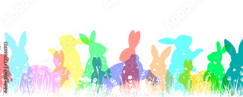 Happy Easter Background With Colorful Easter Bunny Silhouette Isolated On A White Background. photo