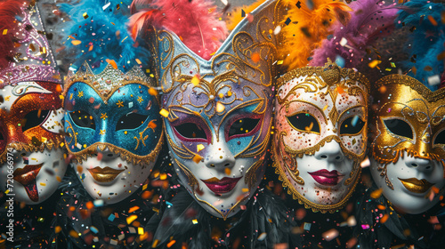 Carnival masks arranged in a dynamic pattern, with confetti raining down, providing a visually captivating and text-friendly composition
