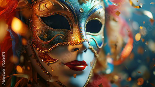 Close-up of a carnival mask with confetti accents, offering a dynamic and detailed shot suitable for impactful text placement © Лариса Лазебная