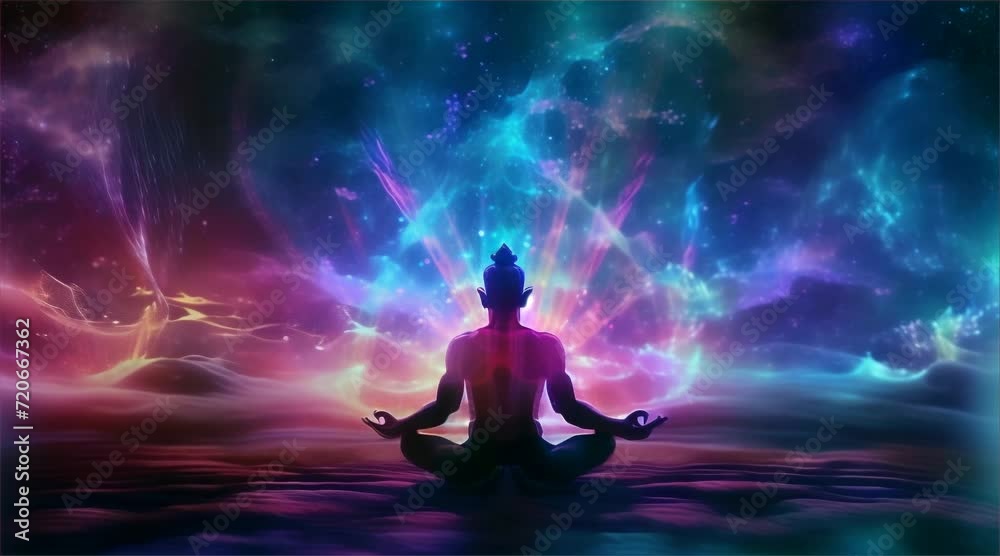 meditating body silhuette with chacras and cosmic energy meditating body silhuette with chacras and cosmic energy