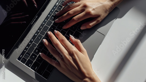 Close-up of a person's hands typing on the keyboard of a modern laptop