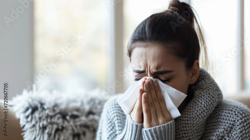 young woman is sneezing or blowing her nose into a tissue photo