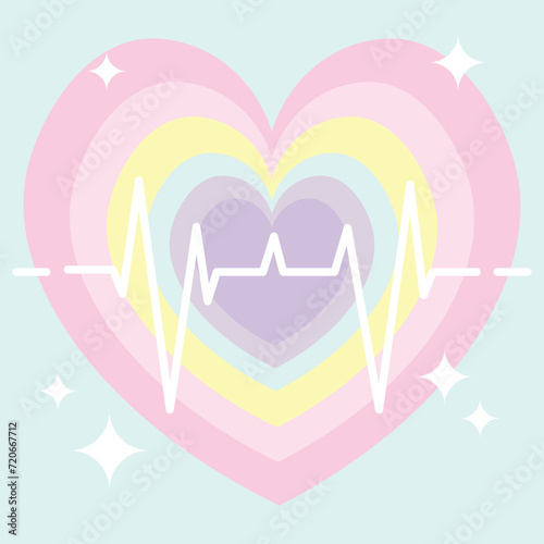 Heart with layers of different colors centered in the middle, with a white vector that simulates the pulse of a heart. Cardio study cute kawaii vector flat illustration.