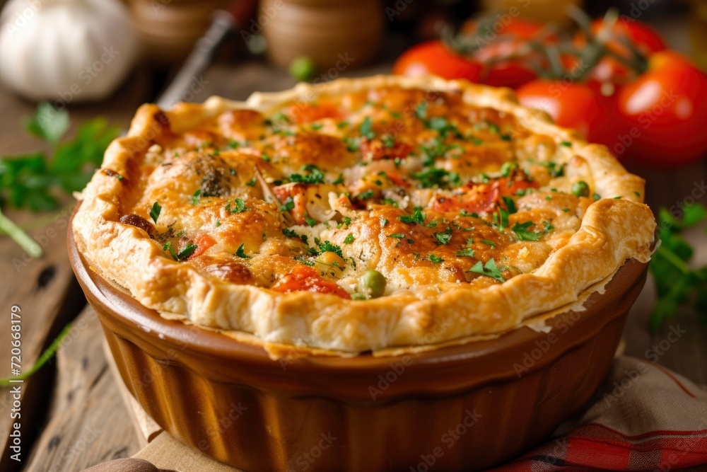 A classic pot pie with cheese and tomatoes, sprinkled with herbs, pizza pot pie A classic pot pie with cheese and tomatoes, sprinkled with herbs, pizza pot pie