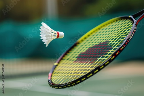 Shuttlecock in motion above a badminton racket on an indoor court.