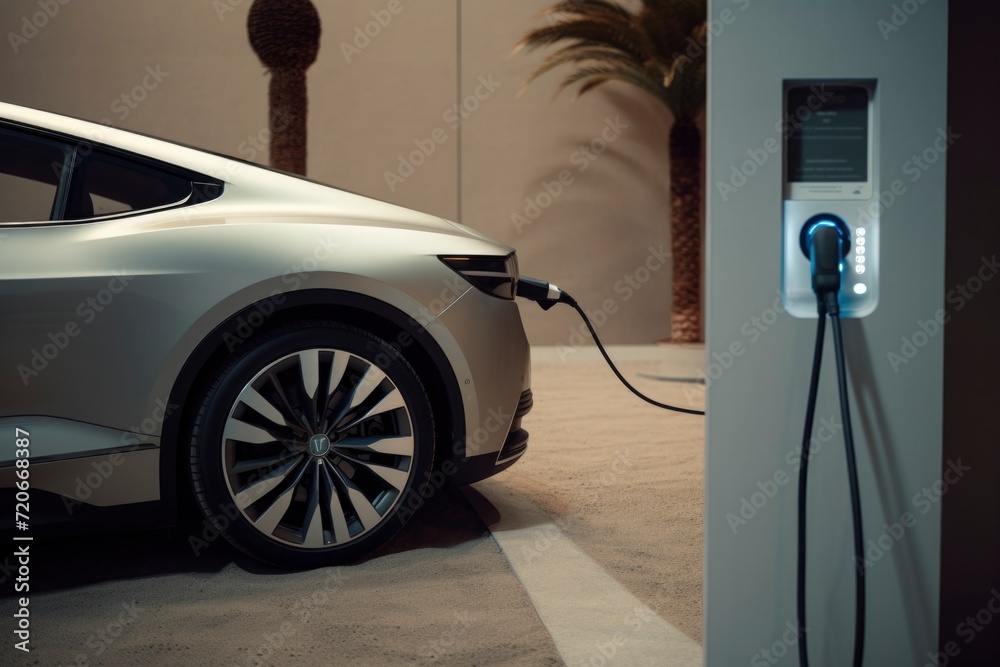White electric vehicle at an outdoor charging point with palms.
