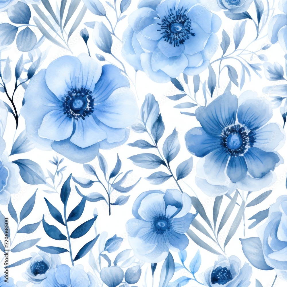 Fototapeta Blue watercolor botanical digital paper floral background in soft basic pastel tones