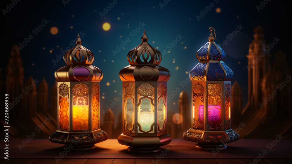 3D illustration of Islamic lantern set against a colorful background. Generative AI 3D illustration of Islamic lantern set against a colorful background. Generative AI