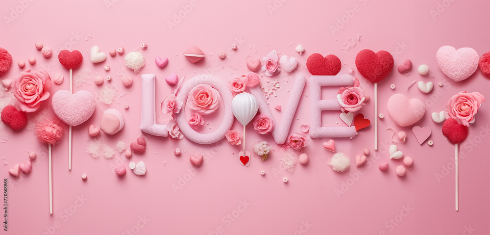 pink rose petals and love texts with pink background