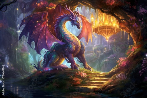 A powerful dragon oversees a mystical realm from a floral hilltop. © NS
