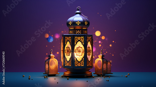 3D illustration of Islamic lantern set against a colorful background. Generative AI