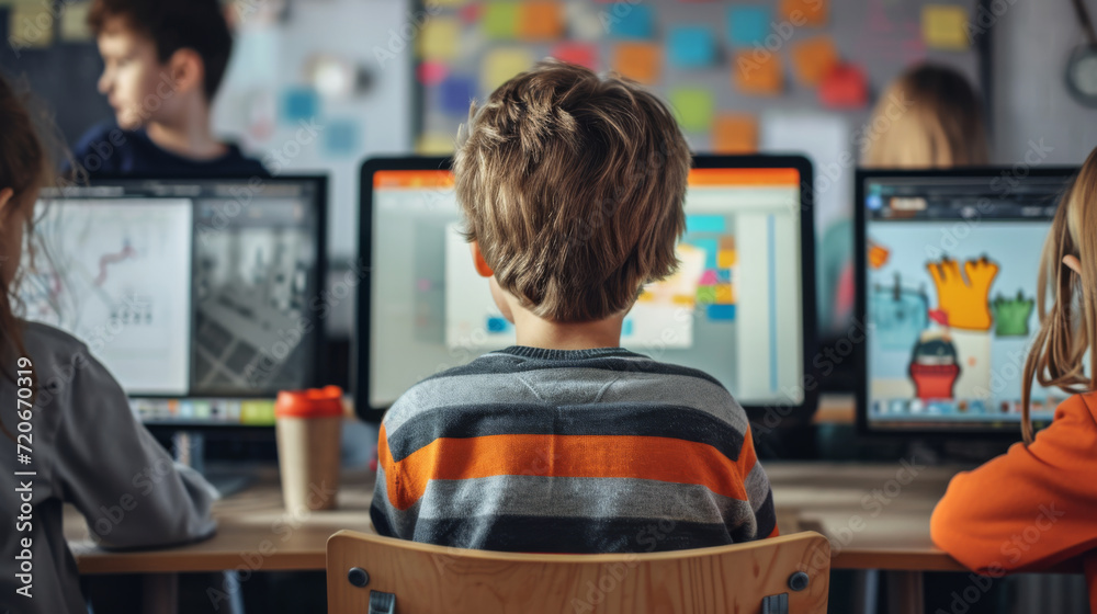 child from behind, focused on a computer screen during a computer class in a school setting child from behind, focused on a computer screen during a computer class in a school setting