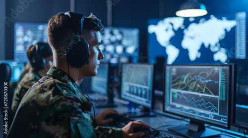 military personnel is focused on monitoring multiple computer screens in a high-tech surveillance room with global maps and data on the screens photo