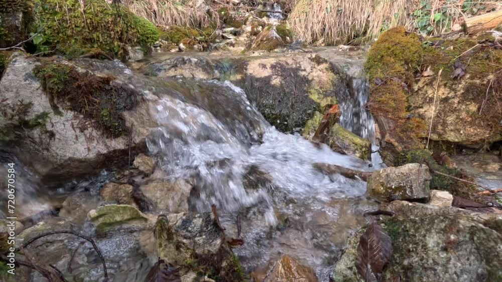 Natural stream surrounded by nature in the mountains of Carnia. Friuli Venezia Giulia, Italy. Water flowing in a small forest stream with the sound of water. Natural stream surrounded by nature in the mountains of Carnia. Friuli Venezia Giulia, Italy. Water flowing in a small forest stream with the sound of water.
