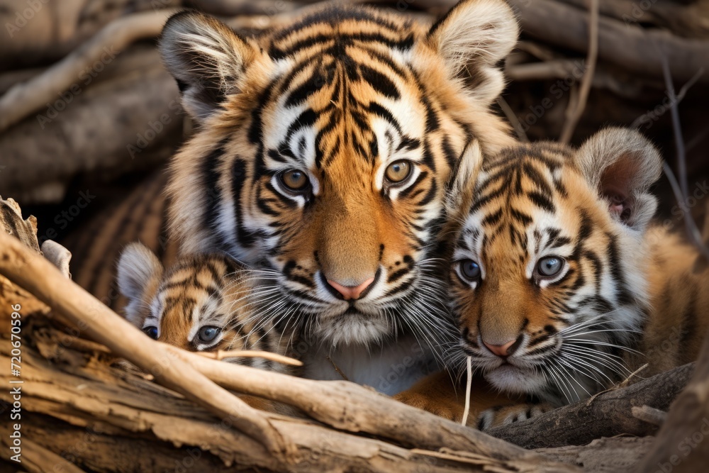 mother tigress with her young ones, little tiger cubs, cuddles together. family, motherhood in animals. mother tigress with her young ones, little tiger cubs, cuddles together. family, motherhood in animals.