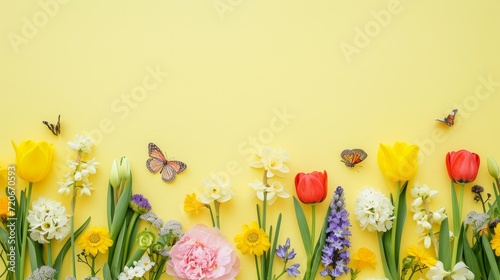 A vibrant group of flowers and butterflies is captured on a yellow background in this visually stunning image.