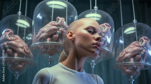 Portrait of a blonde with closed eyes against the background of glass containers with biomass.