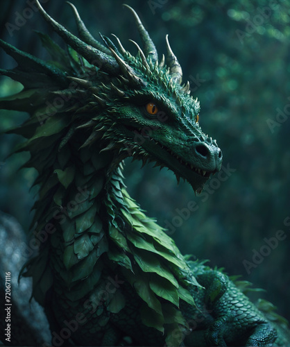 portrait of beautiful wisdom forest dragon. close up. 2024 year chinise symbol. New year concept. AI generated