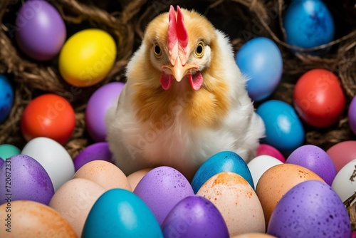 A chicken incubates colorful Easter eggs for Easter. Generative AI © Freya
