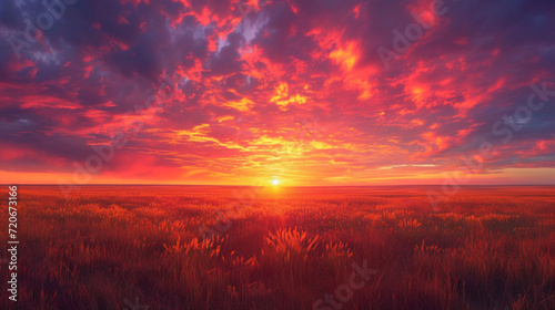 An incredible view of a blazing sunset over a wide-open plain  with the sky painted in shades of orange  pink  and purple. 