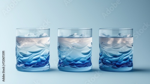 3 vasos de cristal concepto abstracto, decoración, estilo y elegancia, el agua y sus olas, la profundidad del mar, luminosidad, degrade, fuente de vitalidad,  salud, belleza, canon, fondo azul claro  photo