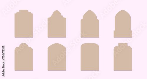 Simple arabic style arches  frames. Minimalist ramadan kareem and eid mubarak windows  doorway vector set.