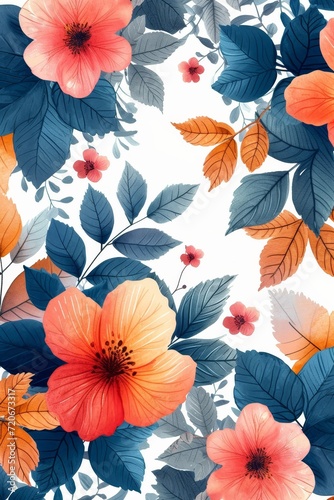 orange and blue flowers against a white background.