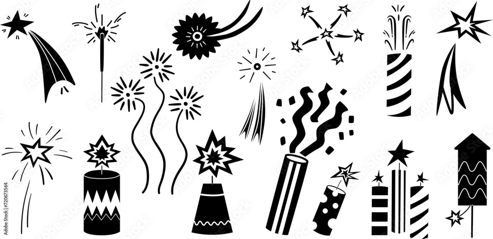 Fototapeta premium A set of silhouettes of fireworks, rockets, firecrackers. Celebration.