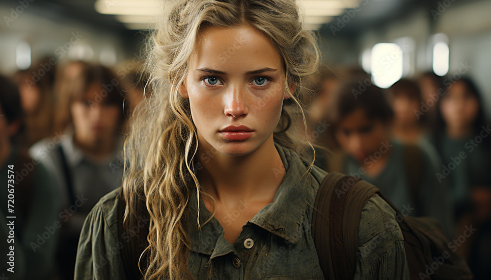 Fototapeta premium Young women looking at camera, confident and fashionable in city generated by AI