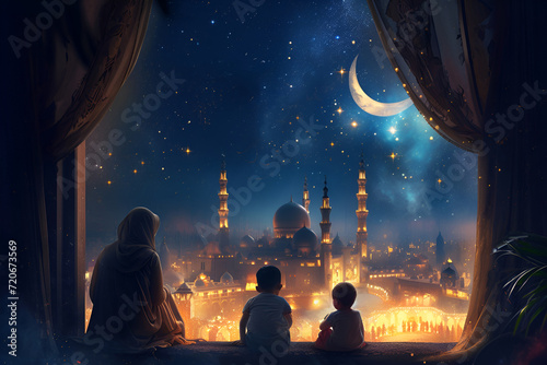 At night, the family gazes out of the window, observing the mosque in the distance, Ramadan