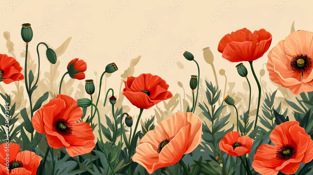 Background with spring poppies in the style of illustrations