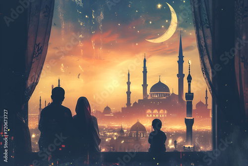 At night, the family gazes out of the window, observing the mosque in quiet contemplation, Ramadan