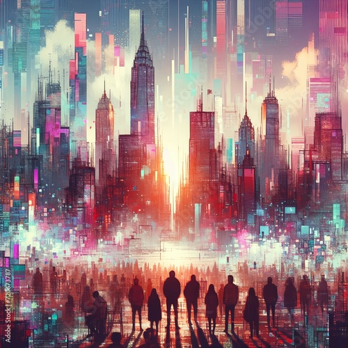 A group of people standing in front of a city skyline