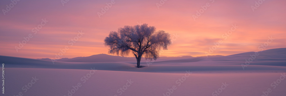 Solitary tree on snow-covered dunes at pastel sunrise