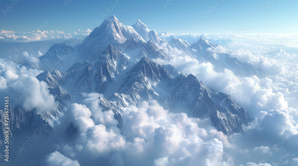 An amazing view of a range of snow-capped mountains, including sharp peaks that pierce the sky and a cloud layer that swirls around the tops. 
