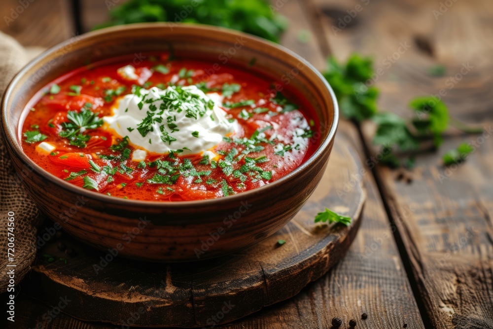 Classic borscht soup adorned with a dollop of sour cream and fresh parsley, served on a wooden cutting board Classic borscht soup adorned with a dollop of sour cream and fresh parsley, served on a wooden cutting board