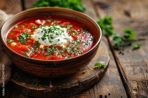 Classic borscht soup adorned with a dollop of sour cream and fresh parsley, served on a wooden cutting board