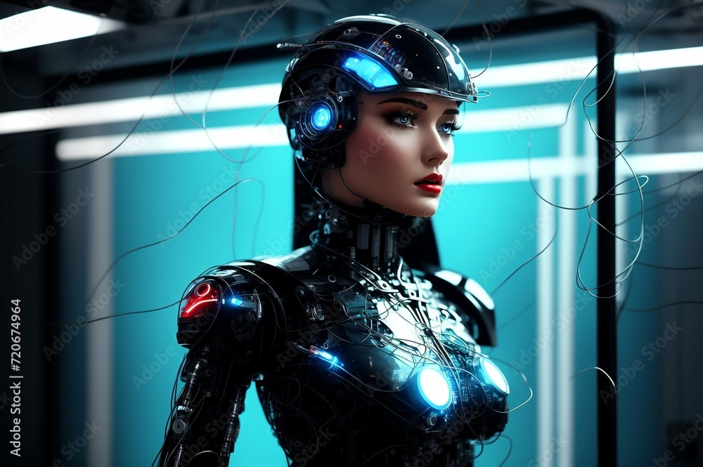 Naklejka premium Portrait of a female robot in futuristic space. 3d rendering.