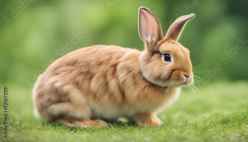 Brown cute rabbit sitting on grass with green nature background.