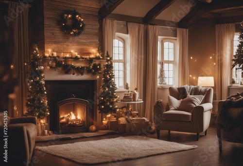 Living room home interior with decorated fireplace and christmas tree vintage style Christmas Holida photo
