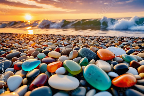 Close-up shot of multicolored sea polished stones, rolled pebbles on the seashore texture gems, ocean in the background, sunset - Beauty in nature