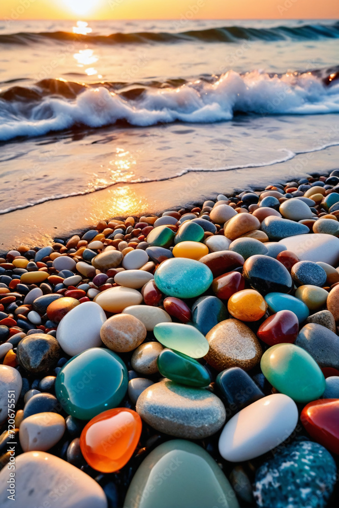 Obraz premium Close-up shot of multicolored sea polished stones, rolled pebbles on the seashore texture gems, ocean in the background, sunset - Beauty in nature