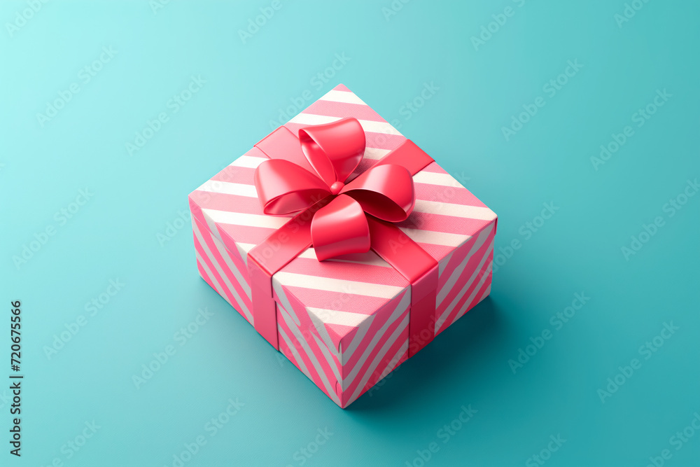 Mystery gift box with ribbon on solid bold background. Isometric view of present or giftbox with bow,