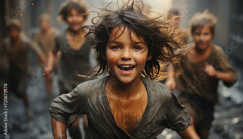 Group of smiling children enjoying a wet summer outdoors generated by AI © Jeronimo Ramos