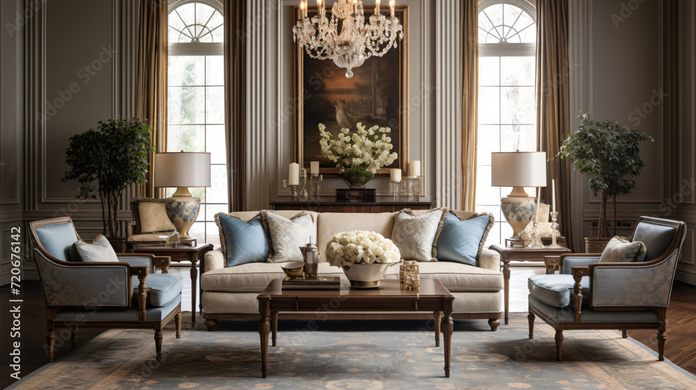 Interior of a luxury home Timeless Elegance, interior, room, chair, table, furniture, home, living, house, design, window, decor, luxury, chairs, floor, wall, wood, lamp, dining, classic, sofa
