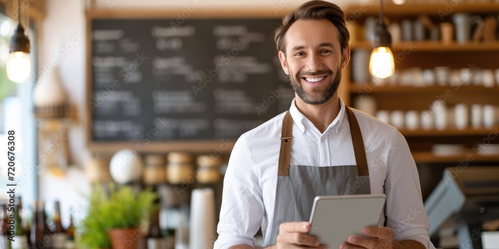Fototapeta premium Confident smiling e-commerce person holding a tablet displaying inventory analytics. Successful management